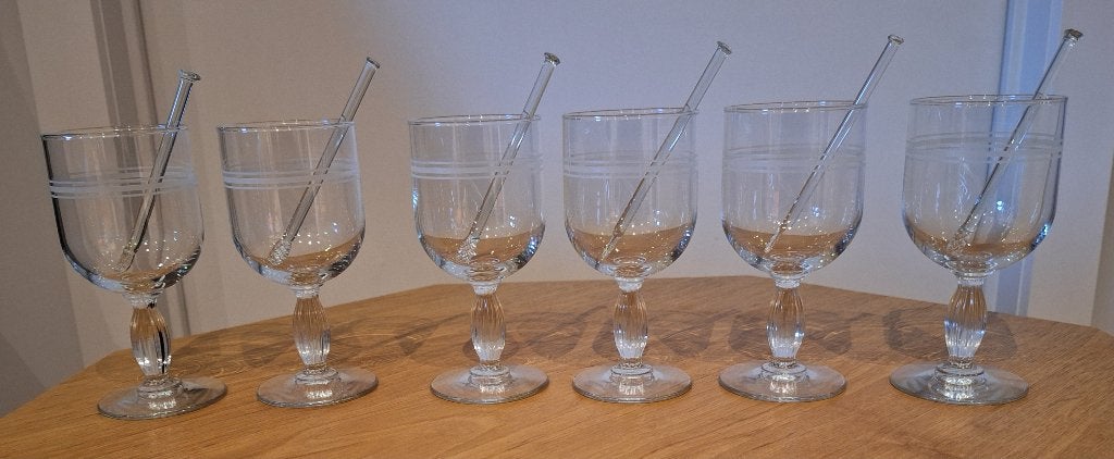 Set van 6 vintage grogglazen met bijhorende roerstaven, Ophalen of Verzenden, Zo goed als nieuw, Overige typen