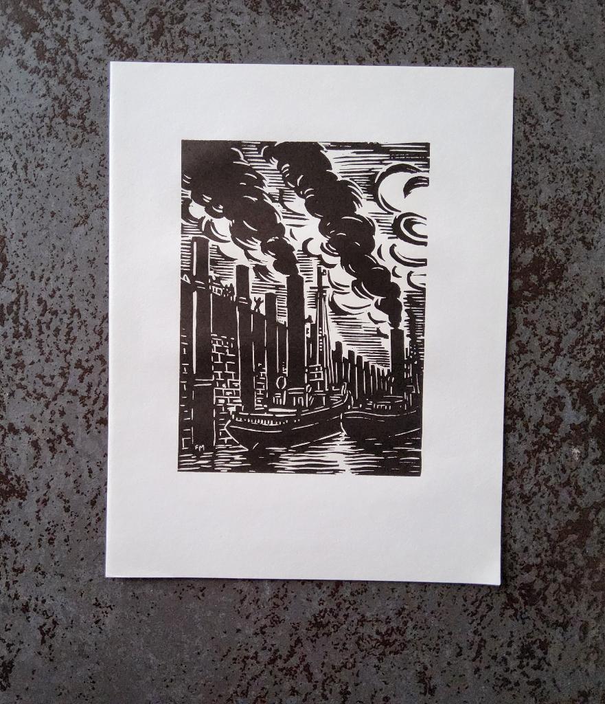 Houtsnede Sleepboten te Temse door Frans Masereel, 1950 - 1999, 19 cm, Ophalen of Verzenden, Gesigneerd