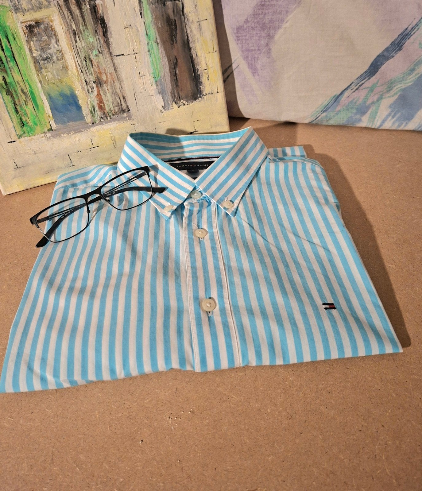 "Tommy Hilfiger" heren overhemd gestreept  LARGE, Kleding | Heren, Blauw, Ophalen of Verzenden, Zo goed als nieuw, Halswijdte 41/42 (L)