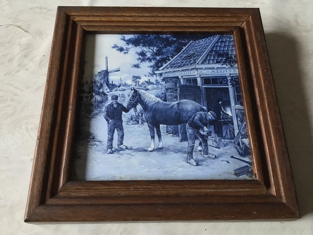 Delfts  blauwe tegel tafereel Smid hoeve paardensmid, Ophalen of Verzenden