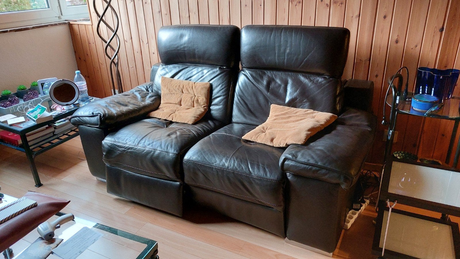 Bruine leren bank voor 2 personen Relax Electric, Ophalen, Gebruikt, Leer, Design Moderne