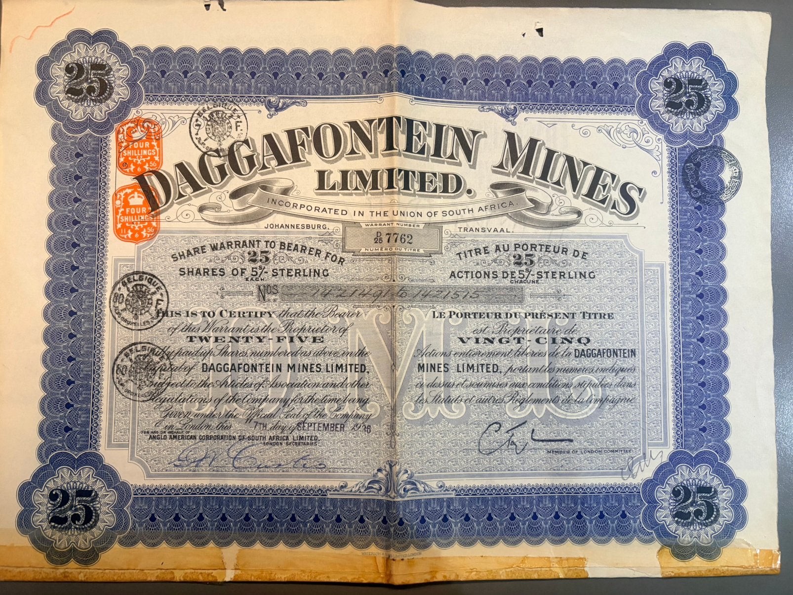 Ancien Titre Action - Daggafontein Mines Limited (1926), Postzegels en Munten, Aandelen en Waardepapieren, Verzenden, Aandeel
