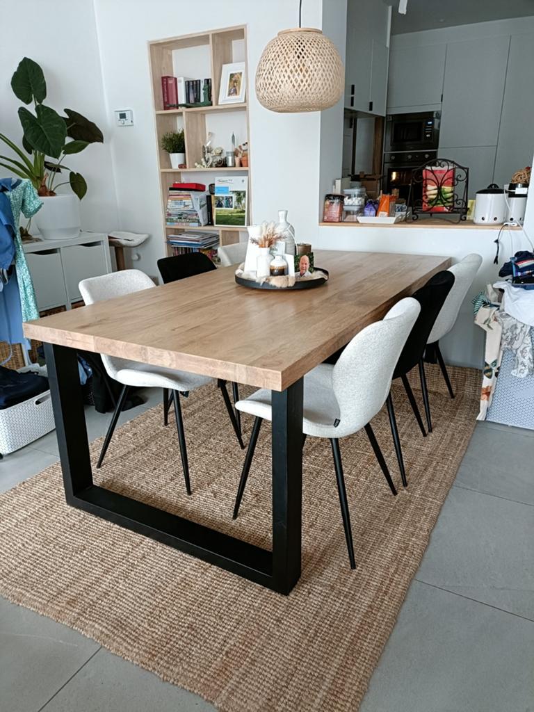 Eettafel met stoffen stoelen te koop, Rustiek modern, Comme neuf, 100 à 150 cm, Enlèvement