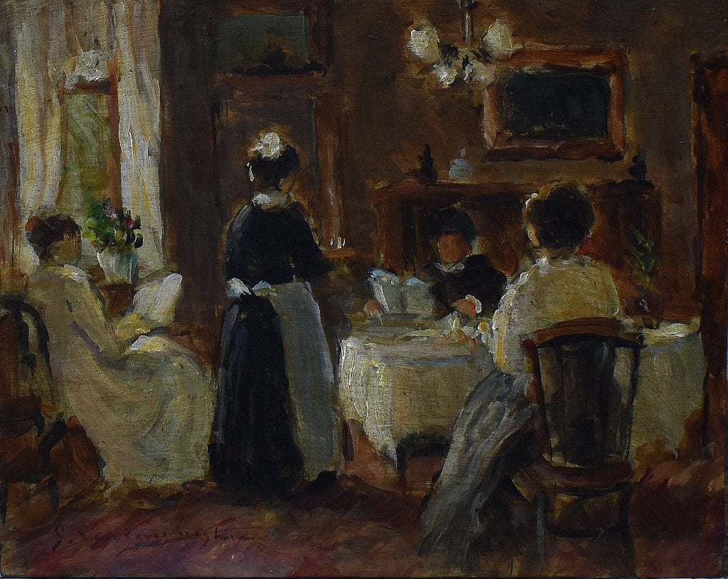 Scène de chambre ==Georges van Zevenberghen., Portrait ou Personnes, Peinture à l'huile, Panneau, Signé