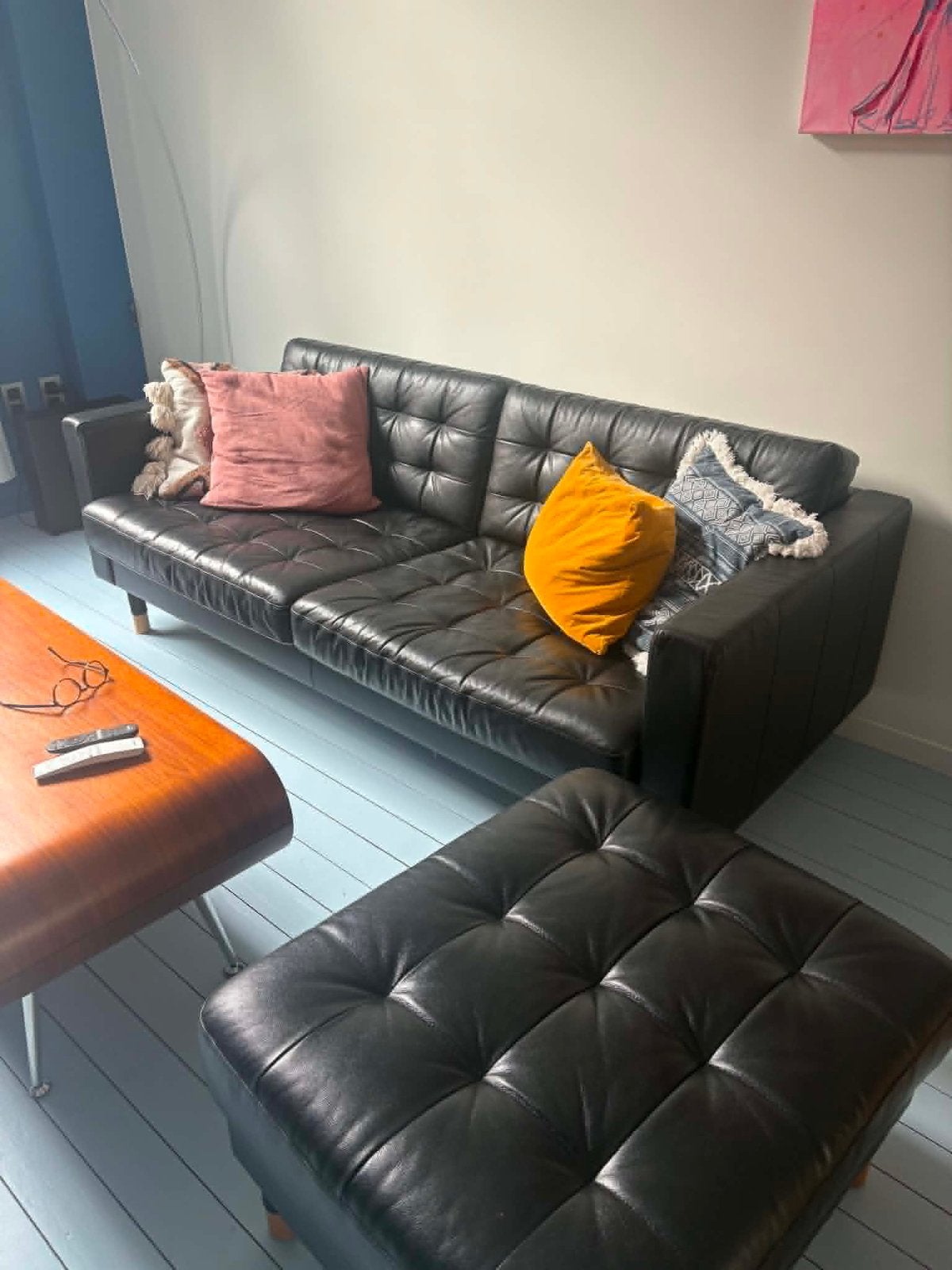Ikea Landskrona 3 places avec pouf - pieds en bois, Enlèvement, Comme neuf
