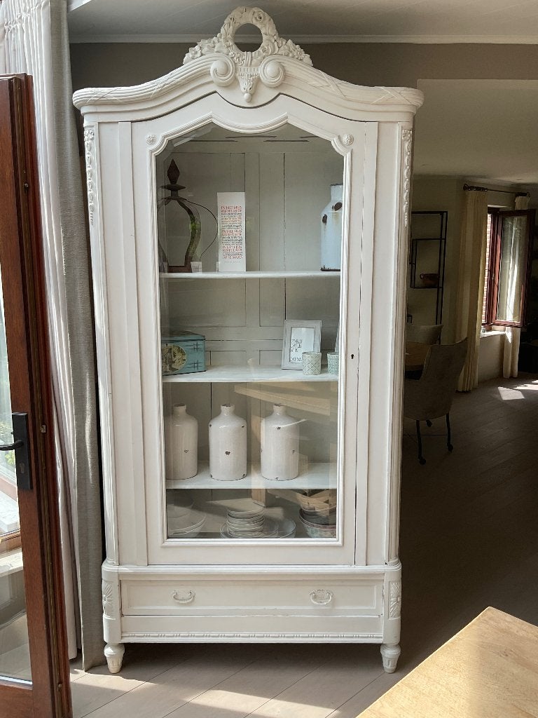 Mooie oude witte vitrinekast, Huis en Inrichting, Ophalen, 100 tot 150 cm, 200 cm of meer, Met lade(s)