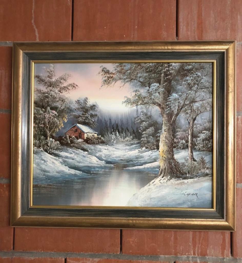 Sfeervol Winterlandschap op Doek – Uit Inboedel Notariaat, Antiek en Kunst, Ophalen of Verzenden
