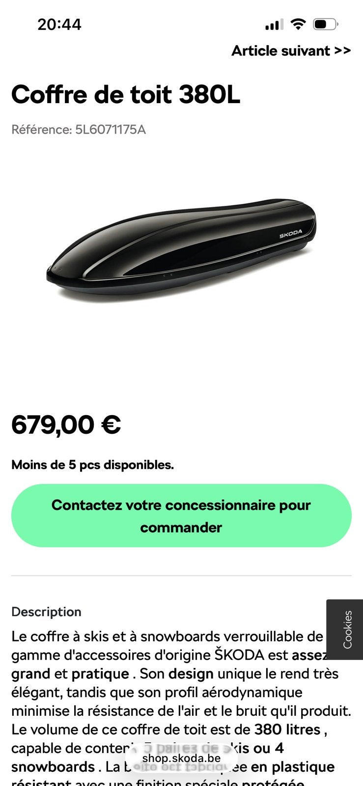 Coffre de toit noir 380L - Référence: 5L6071175A, Autos : Divers, Coffres de toit, Enlèvement, Neuf