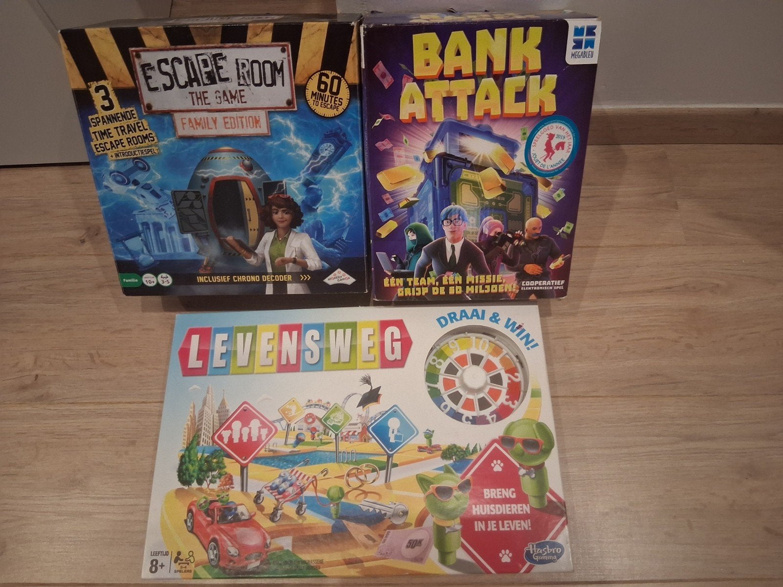Gezelschapsspellen: Levensweg, Bank attack, Escape room, Ophalen