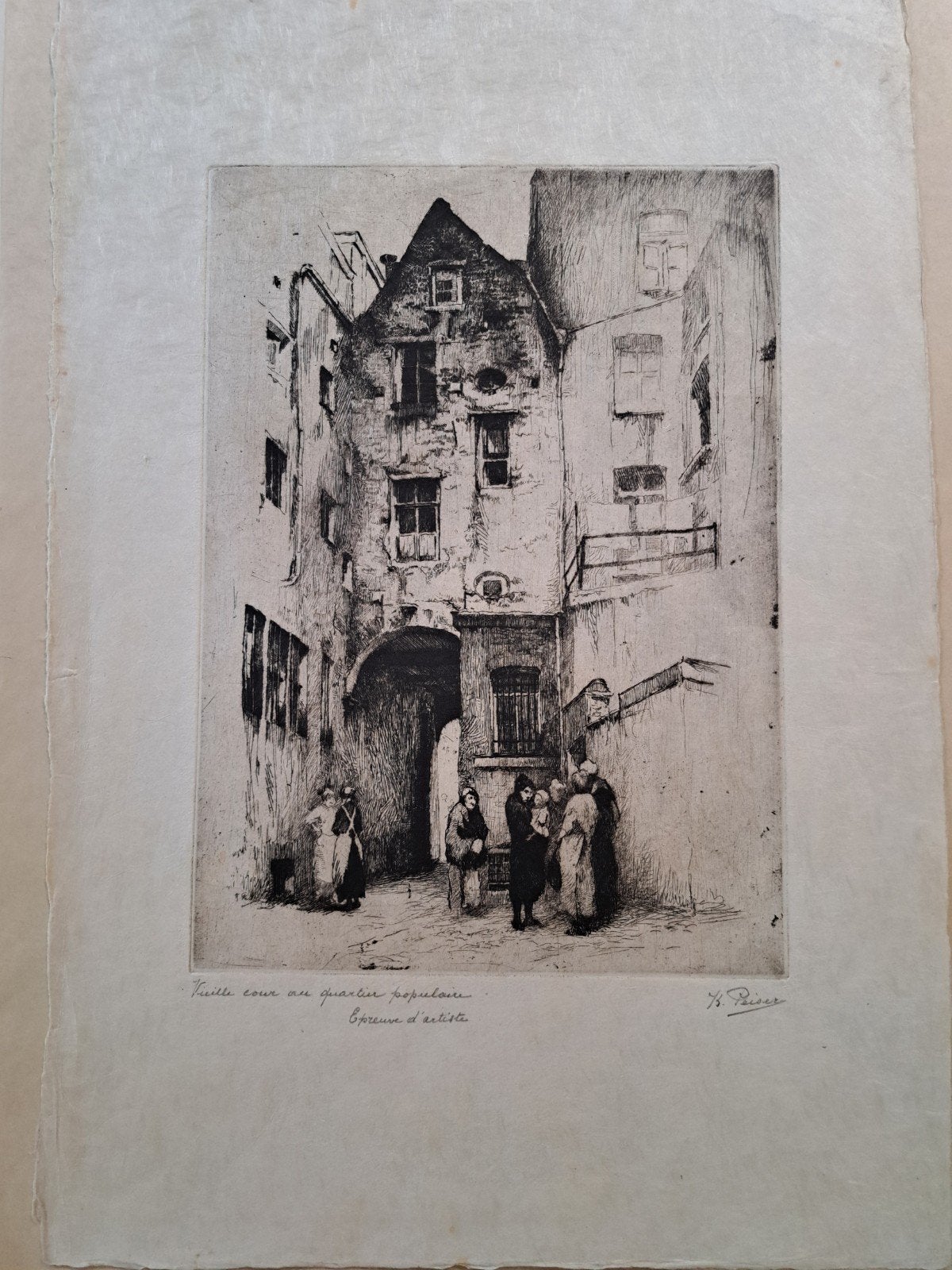 PEISER Kurt "Vieille cour au quartier populaire" ets, Ophalen of Verzenden, Ets, Ingelijst