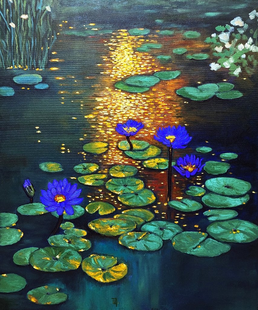 « Nénuphars », Antiquités & Art, Art | Peinture | Moderne, Textile, Peinture à l'huile, Paysage, Sur cadre en bois