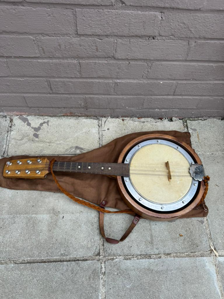 Vintage banjo / mandoline-banjo met draaghoes, Antiquités & Art, Enlèvement