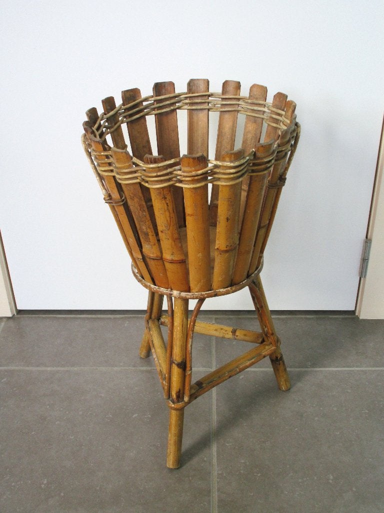 Vintage plantenstaander plantenbak bamboe, Gebruikt, Rond, Ophalen of Verzenden, Hout