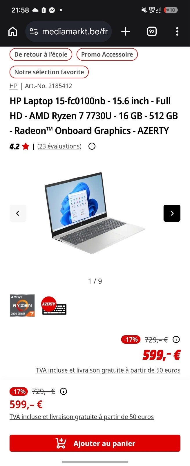 HP 15 (2025) – Ryzen 7 7730U – 16Go RAM – 512Go SSD, Ophalen, Hp, Zo goed als nieuw, SSD