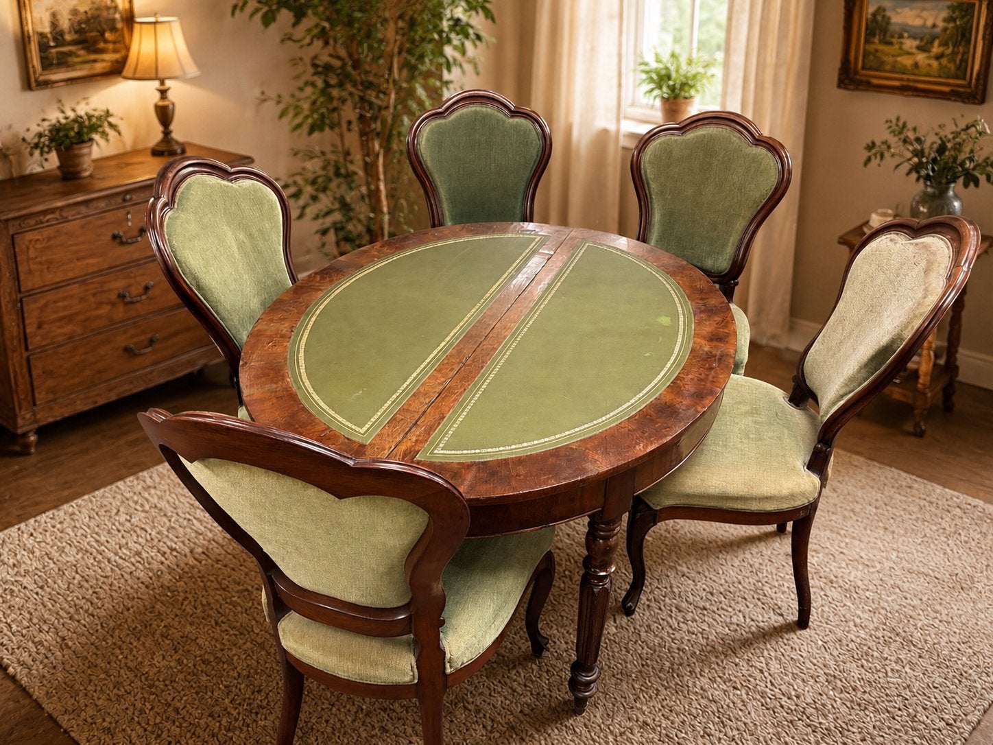 Antieke uitschuifbare eettafel met 5 stoelen, Antiquités & Art, Enlèvement