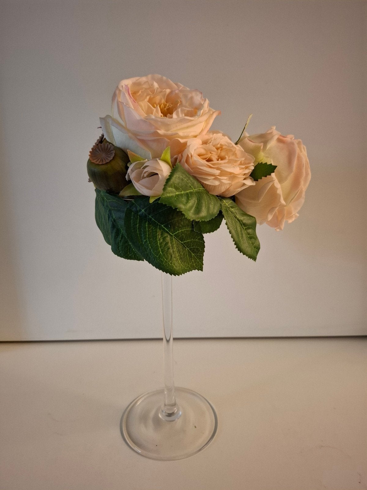 antiek hoog glas met zijden bloemen, Binnen, 35 cm, Kunstbloem, Nieuw