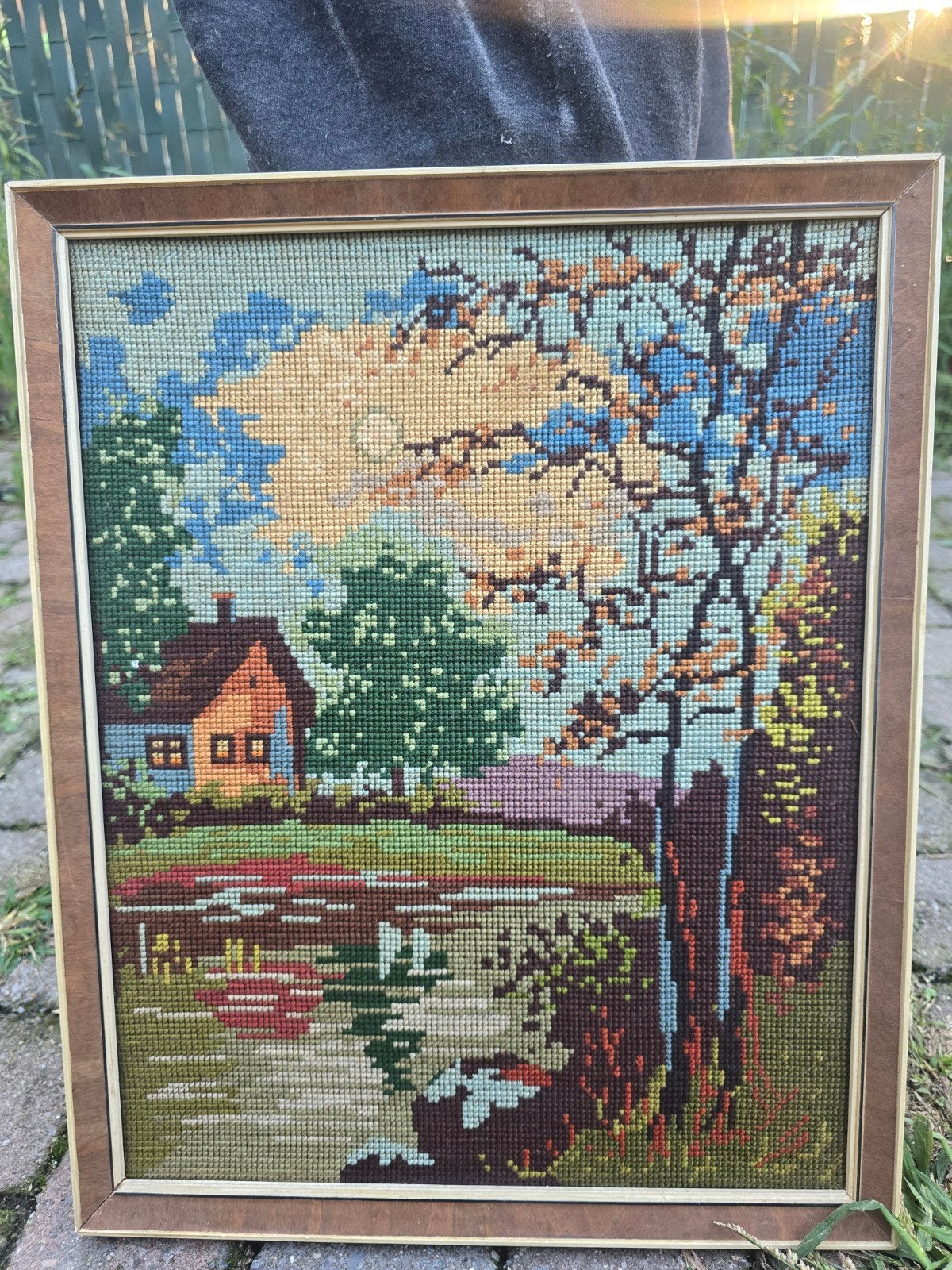 Vintage borduurwerk – schilderachtig landschap met huisje, Sous verre, Paysage, Enlèvement, Impression