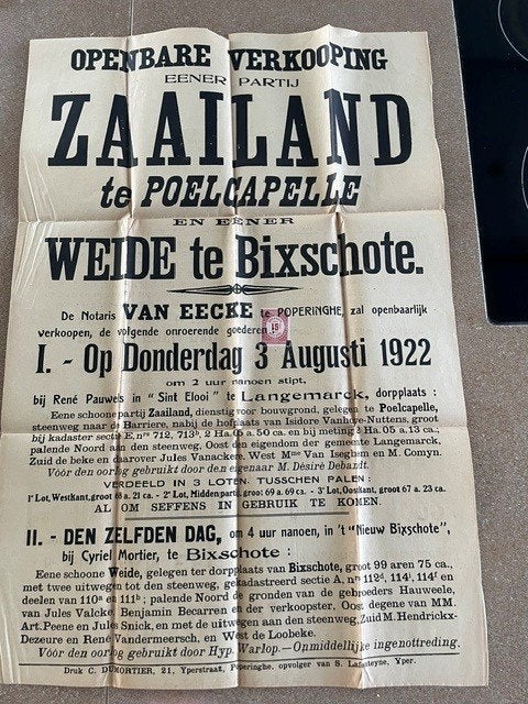 affiche 1922 Poelkapelle /Bikschote Notaris VAN EECKE Pops, Enlèvement ou Envoi, Autres types