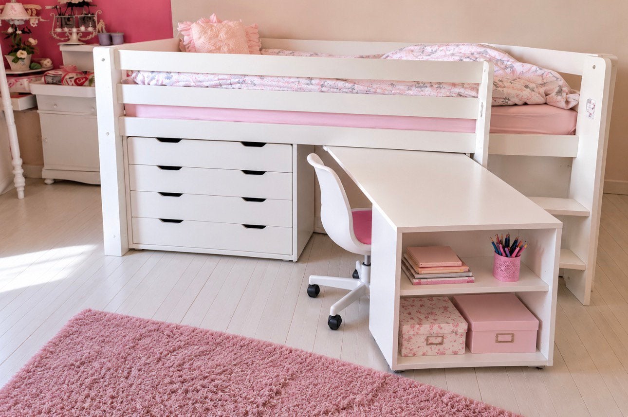 Lit Vipack Charlotte 90x200 + bureau + matelas, Enlèvement, Comme neuf, Lit mi-hauteur mezzanine