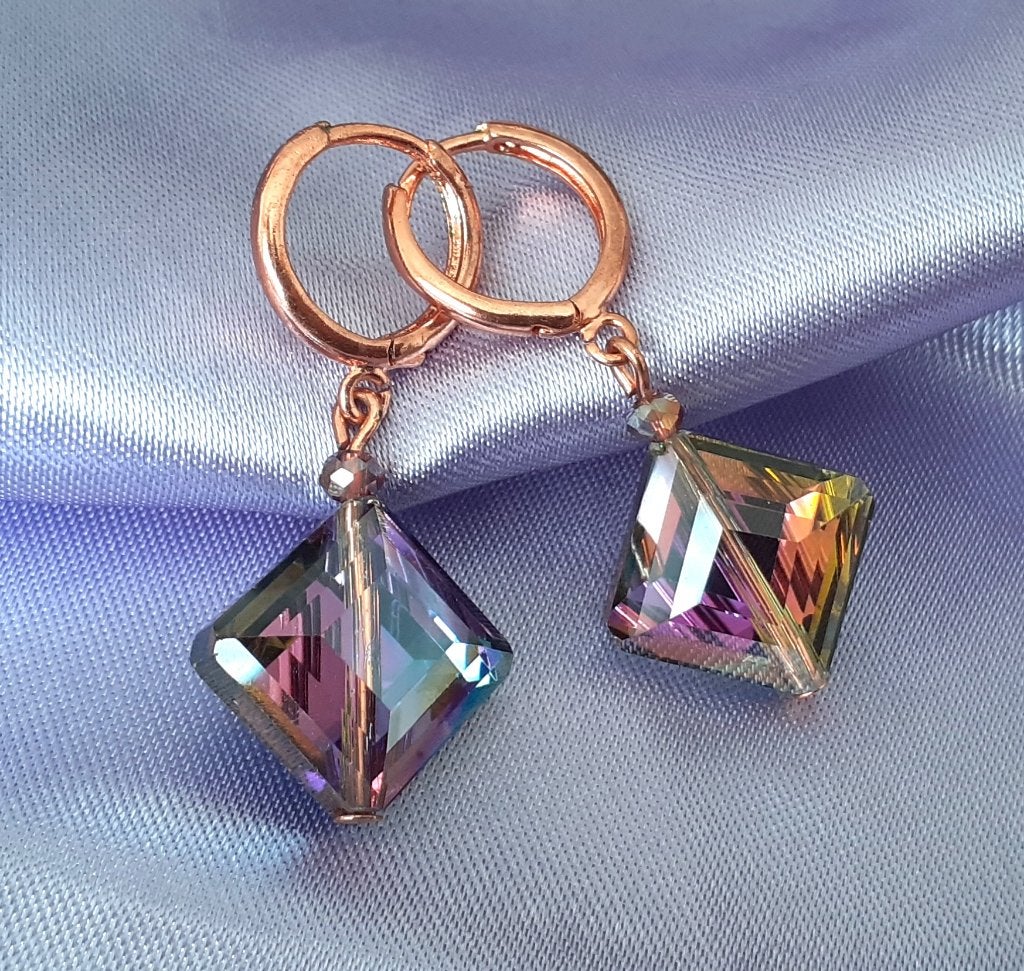 oorringen rosegold met polychrome ab swarovski elements, Met kristal, Hangers, Nieuw, Ophalen of Verzenden