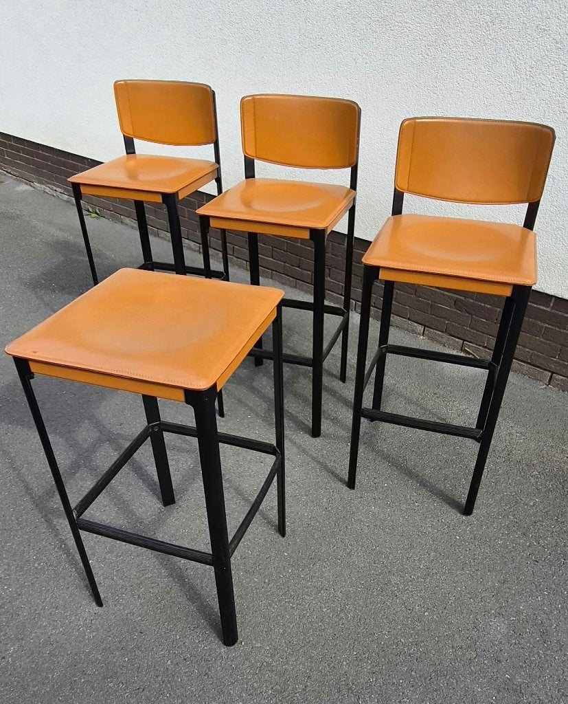 Set van 4 Matteo Grassi Barkrukken | Vintage Cognac, Ophalen, Met voetsteun, Leer, Zo goed als nieuw