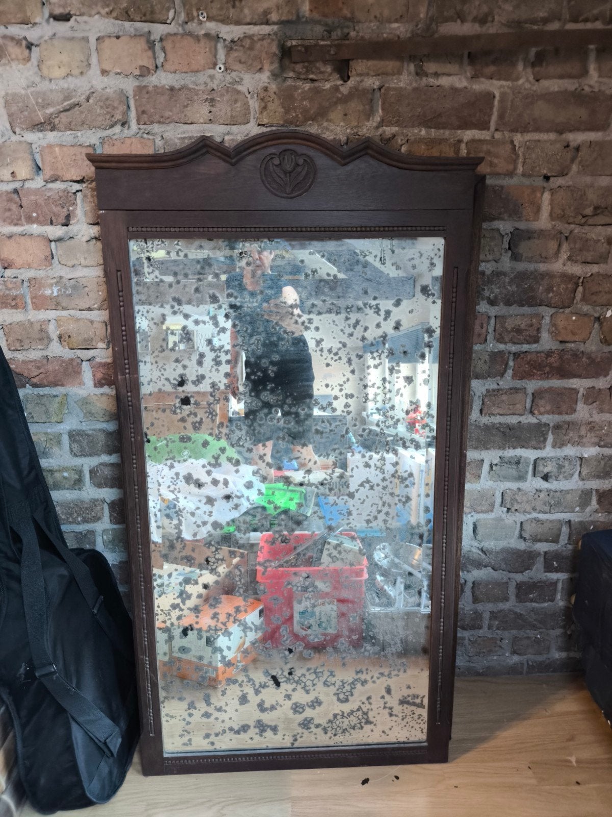 Antieke Art Nouveau spiegel met zwaar verweerd glas / geleef, Antiek en Kunst, Ophalen