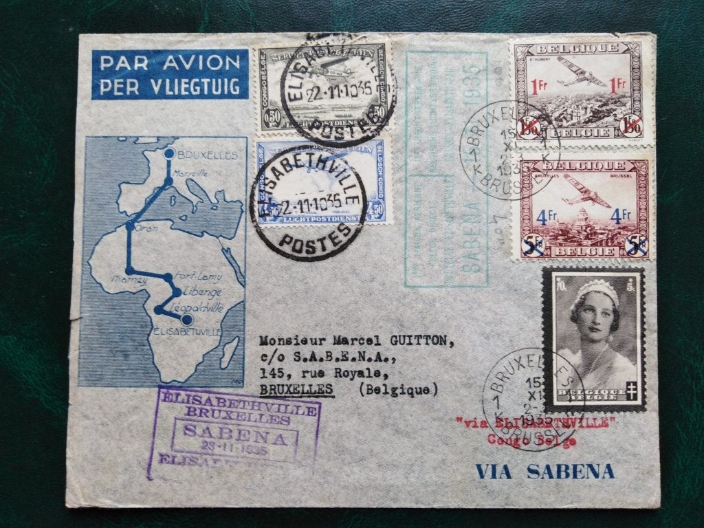 Timbres sur lettre Sabena Bruxelles-Élisabethville 15/11/35, Timbres & Monnaies, Oblitéré, Enlèvement ou Envoi, Timbre de poste aérienne