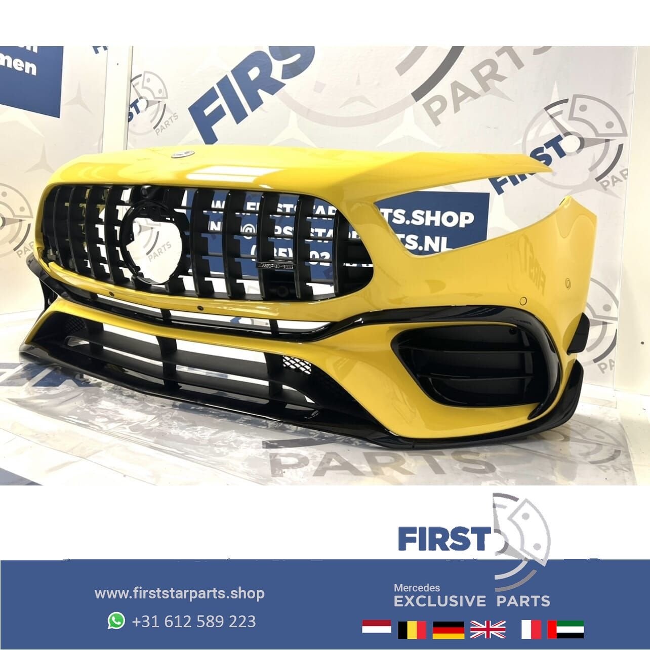 W177 V177 A KLASSE 2024 A45 A45S AMG VOORBUMPER GEEL COMPLEE, Gebruikt, -, Voor, Ophalen of Verzenden