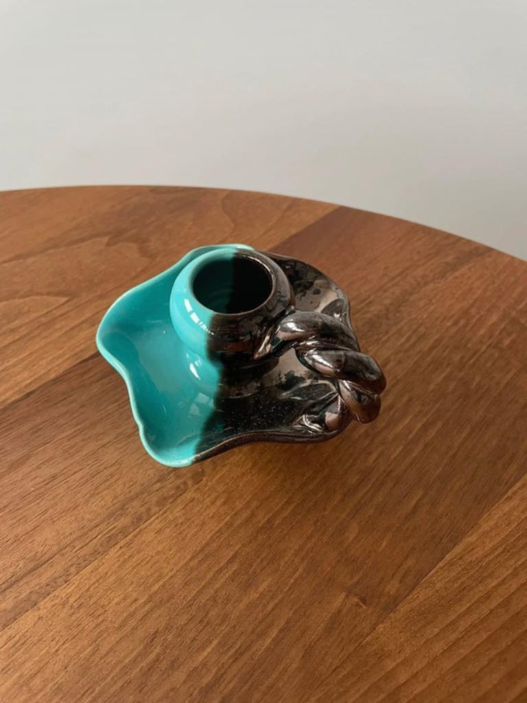 Petit bougeoir Vallauris turquoise et marron, Antiquités & Art, Enlèvement, Céramique ou Poterie