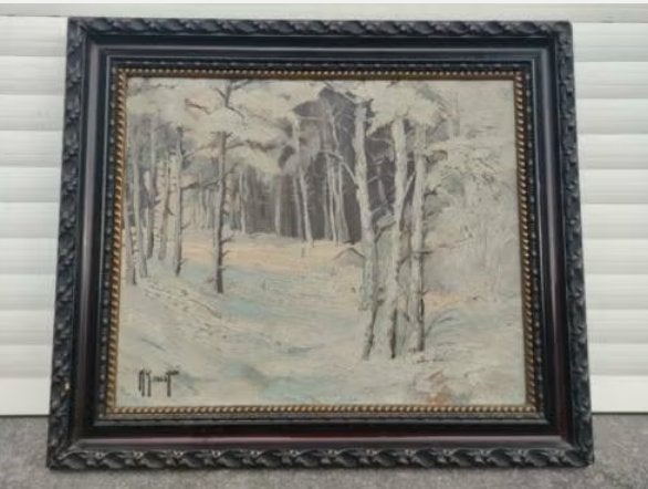 huile sur toile sous bois enneige signe michel genot, Antiquités & Art, Enlèvement ou Envoi, Toile
