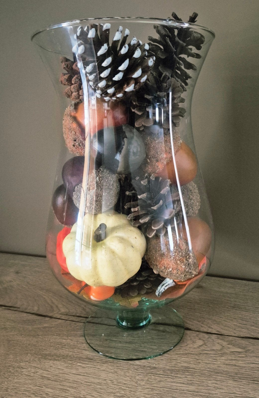 Glazen vaas met herfstdecoratie, Glas, Ophalen, Zo goed als nieuw, Inclusief decoratie