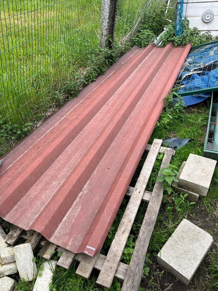 11 Metalen dakplaten 3m60 lang, Ophalen, Gebruikt, Metaal, Dakplaat of Dakpanplaat