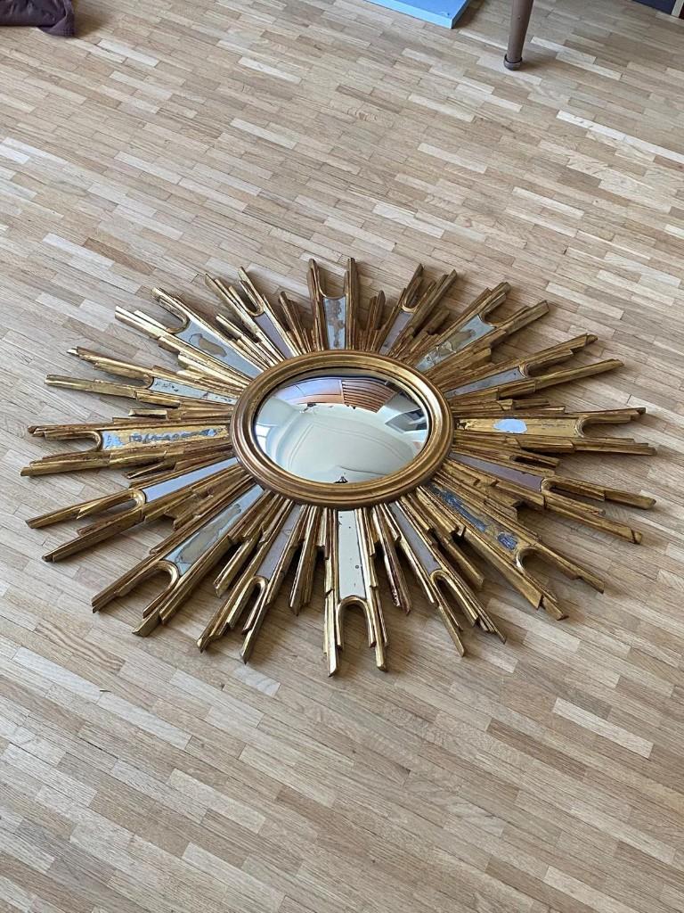 Grote vintage sunburst spiegel – verguld hout, Ophalen, Ovaal, 50 tot 100 cm, Minder dan 100 cm