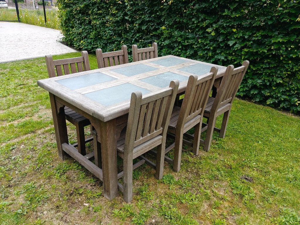 Tuinset (tafel en stoelen) Afrormosia, Ophalen, Gebruikt, 6 zitplaatsen, Teakhout