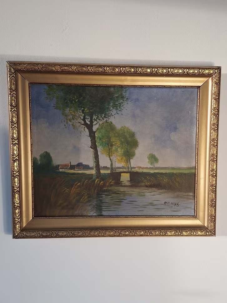 Schilderij Denys - Landschap met water en brug, Antiquités & Art, Art | Peinture | Classique, Enlèvement ou Envoi, Réaliste, Daté