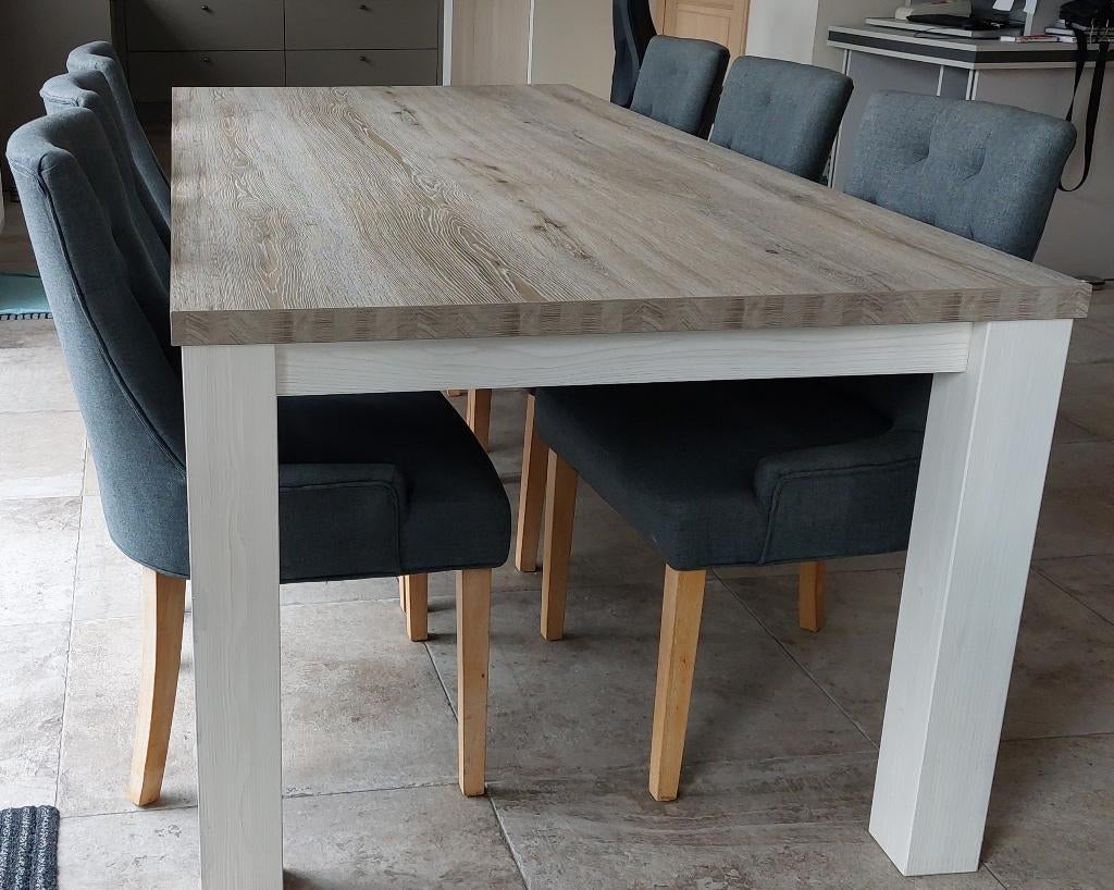 Landelijke eetkamertafel met 7 grijze gestoffeerde stoelen, Huis en Inrichting, Ophalen, Gebruikt, 100 tot 150 cm, 200 cm of meer