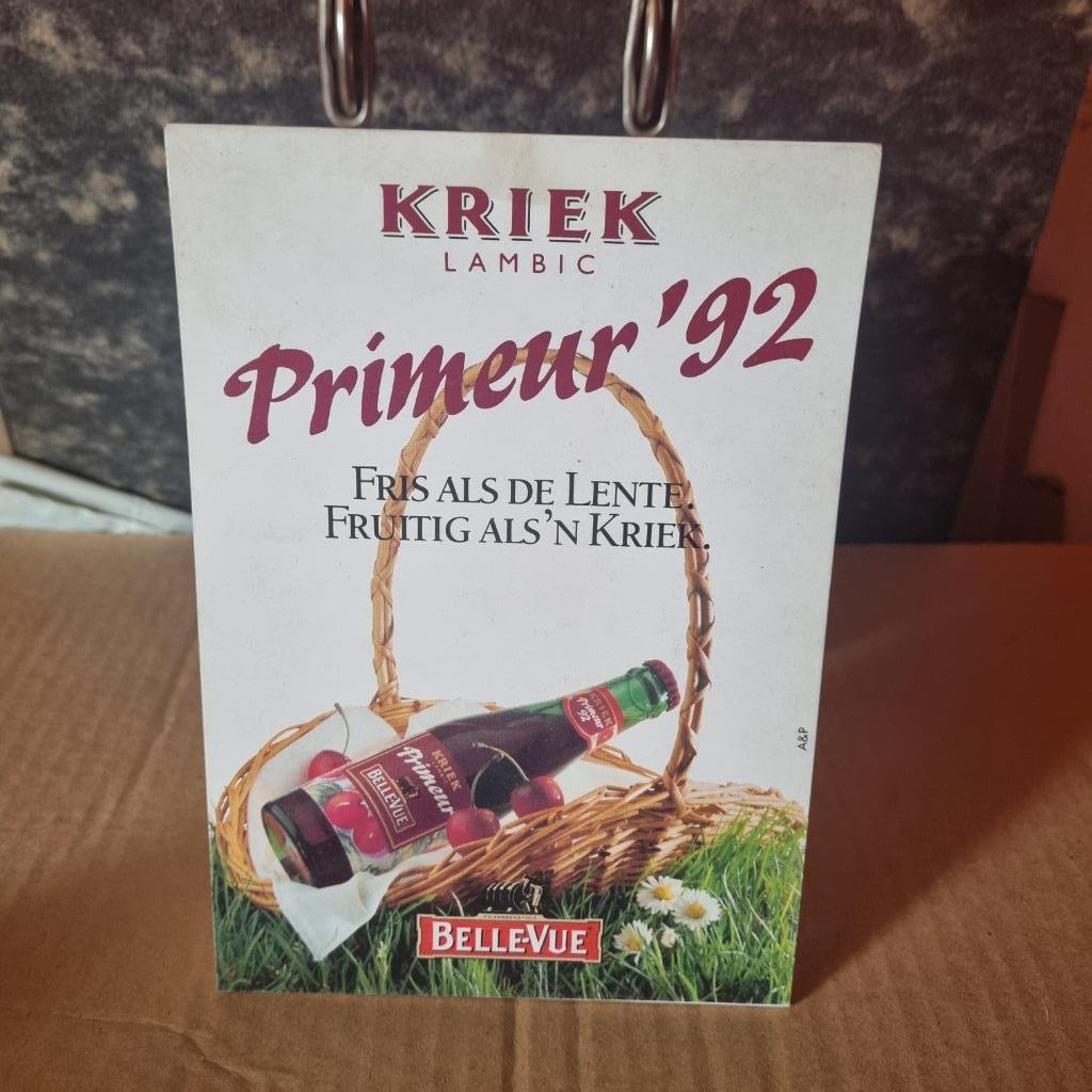 Publicité de table Belle-Vue Kriek lambic Primeur '92, Enlèvement ou Envoi, Utilisé, Panneau, Plaque ou Plaquette publicitaire