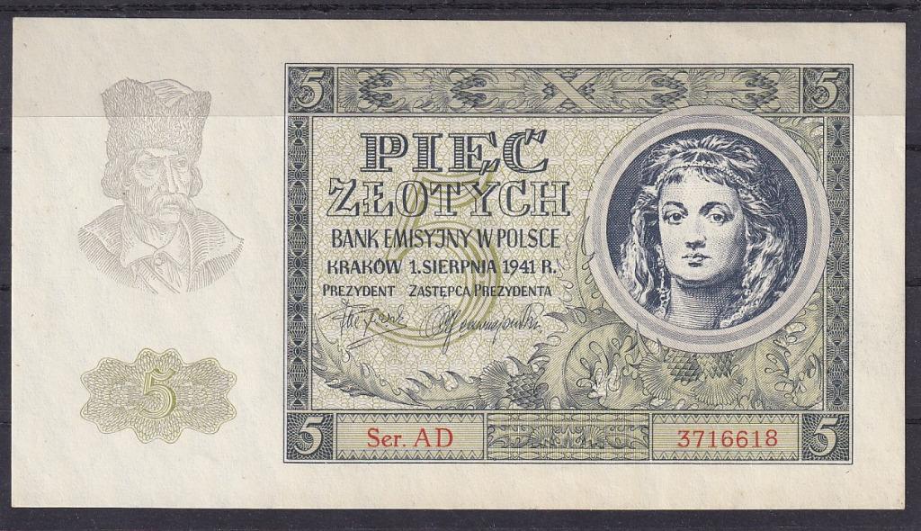 Pologne 5 zloty 1941 AU, Enlèvement ou Envoi, Pologne, Billets en vrac