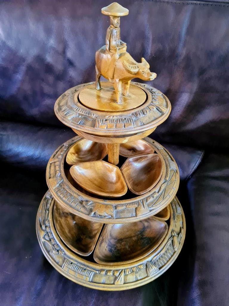 Vintage 3 niveaux ~ Sculpté à la main Singe Pod Wood Lazy Su, Enlèvement ou Envoi, Comme neuf