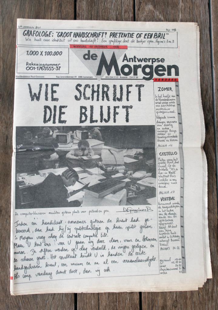 De Morgen -  10 dec 1986    Krant in handschrift, Verzamelen, Ophalen of Verzenden, Krant