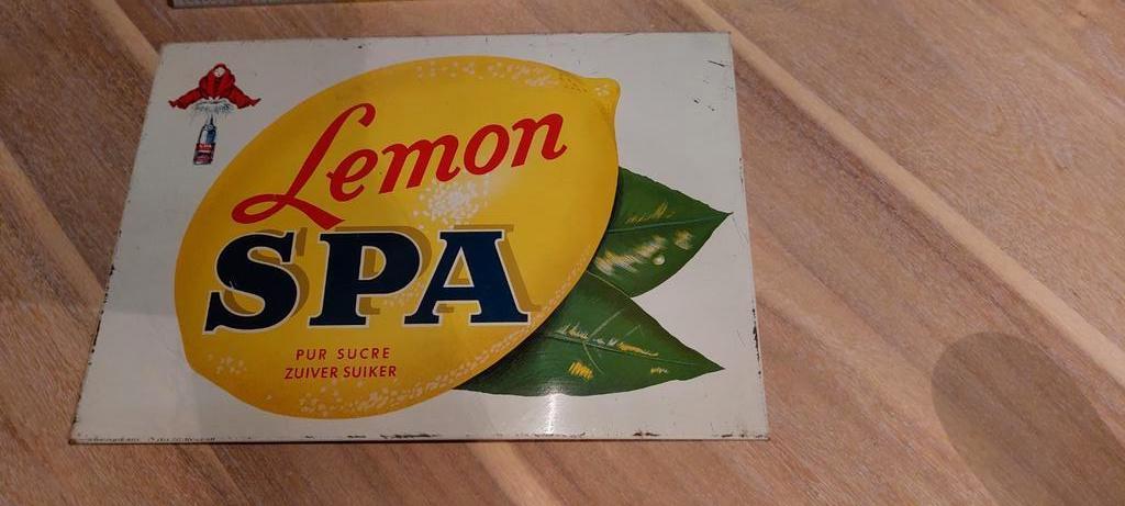 Assiette en fer blanc LEMON SPA pur sucre 1939, Enlèvement ou Envoi, Utilisé, Panneau publicitaire