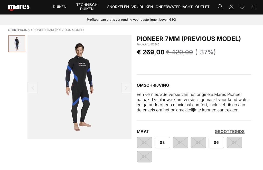 Nieuwe Mares 7mm Pioneer Wetsuit Man size M - Ecocheques, Watersport en Boten, Ophalen of Verzenden, Nieuw, Duikpak