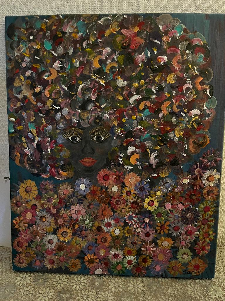 Tableau peinture fait main Africaine fleurs 40x50, Antiquités & Art, Enlèvement