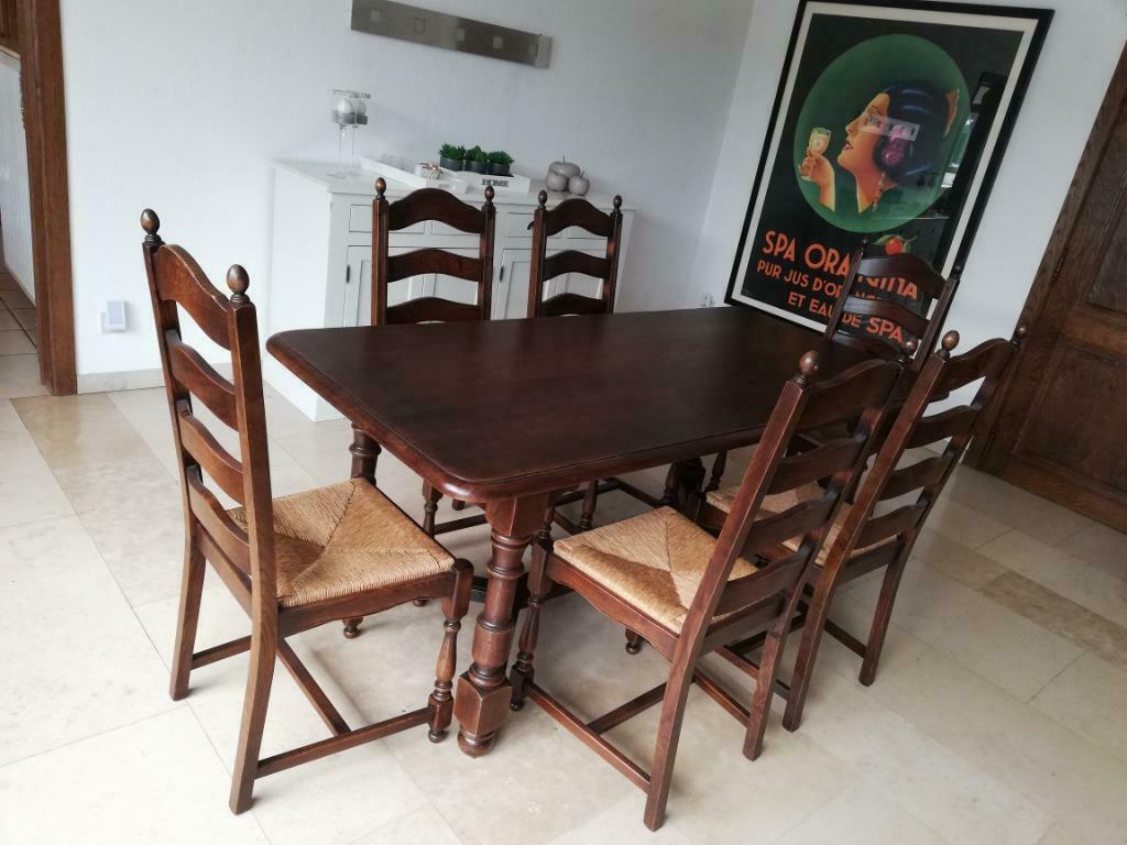 Table + 6 Chaises - en CHENE - Très bel état - Table à mange, Maison & Meubles, 150 à 200 cm, Cinq personnes ou plus, Comme neuf