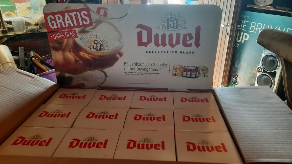 Duvel glazen 150 jaar (+ reclame), Verzamelen, Ophalen of Verzenden, Zo goed als nieuw, Duvel