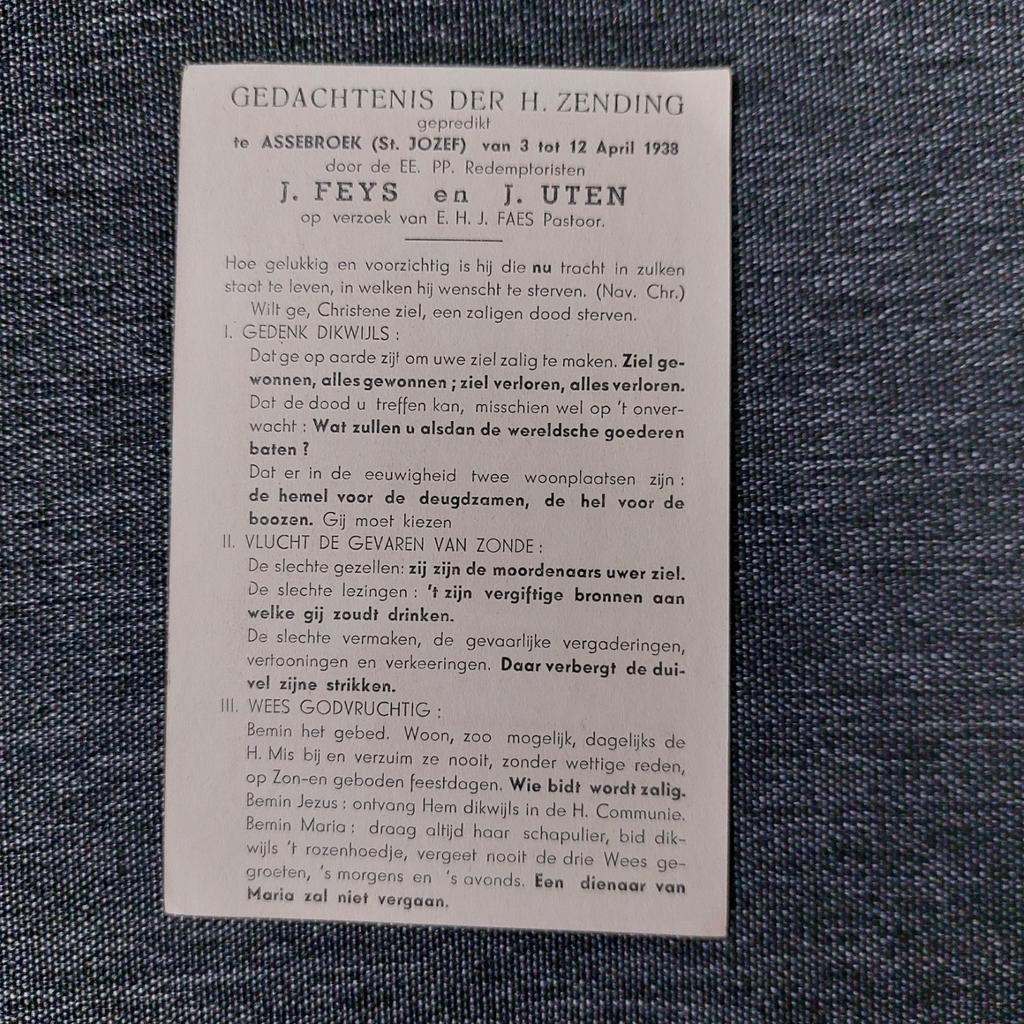 Oud bidprentje Assebroek 1938, Verzamelen, Ophalen of Verzenden, Zo goed als nieuw