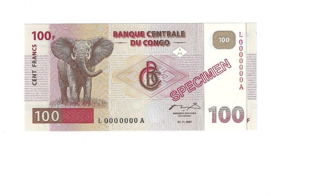 Congo, Democr. Republ., 100 Francs 1/11/1997, UNC. Specimen., Ophalen of Verzenden, Overige landen, Los biljet