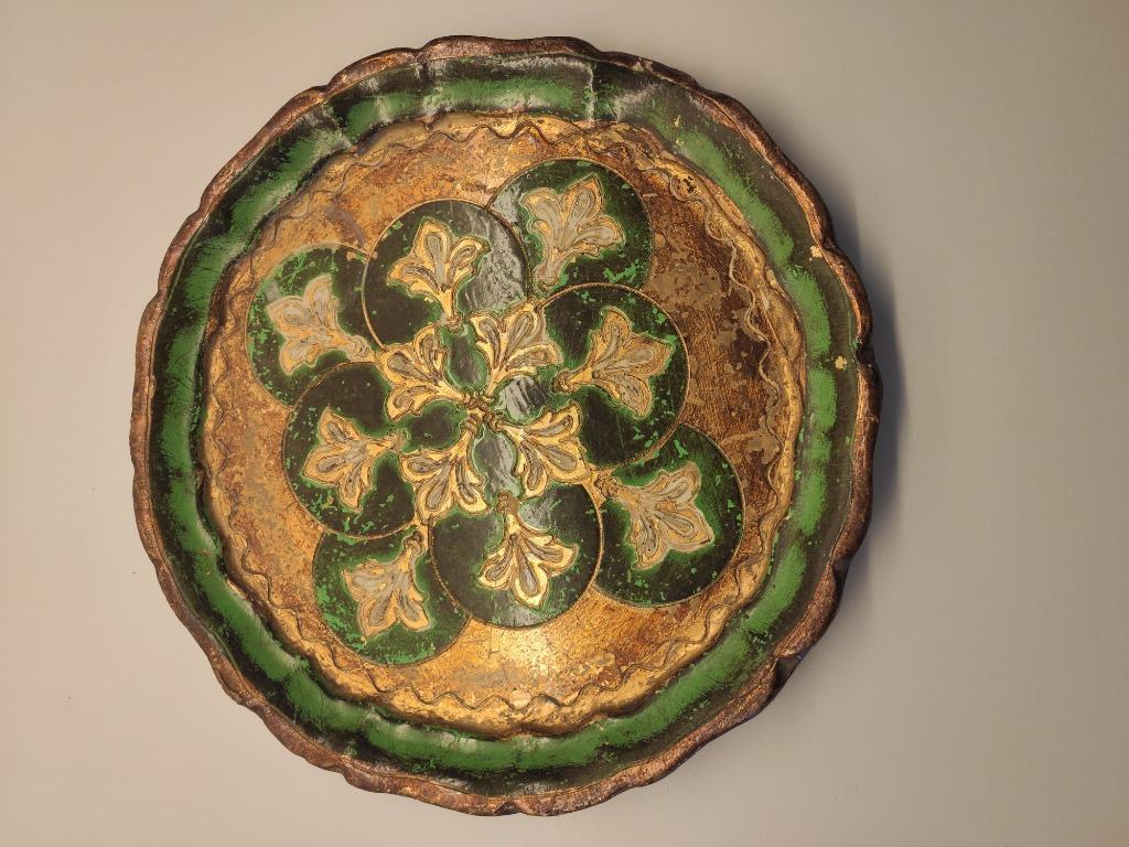 Italiaans Florentijns dienblad in groen en goud 1960, Ophalen, Gebruikt, Rond
