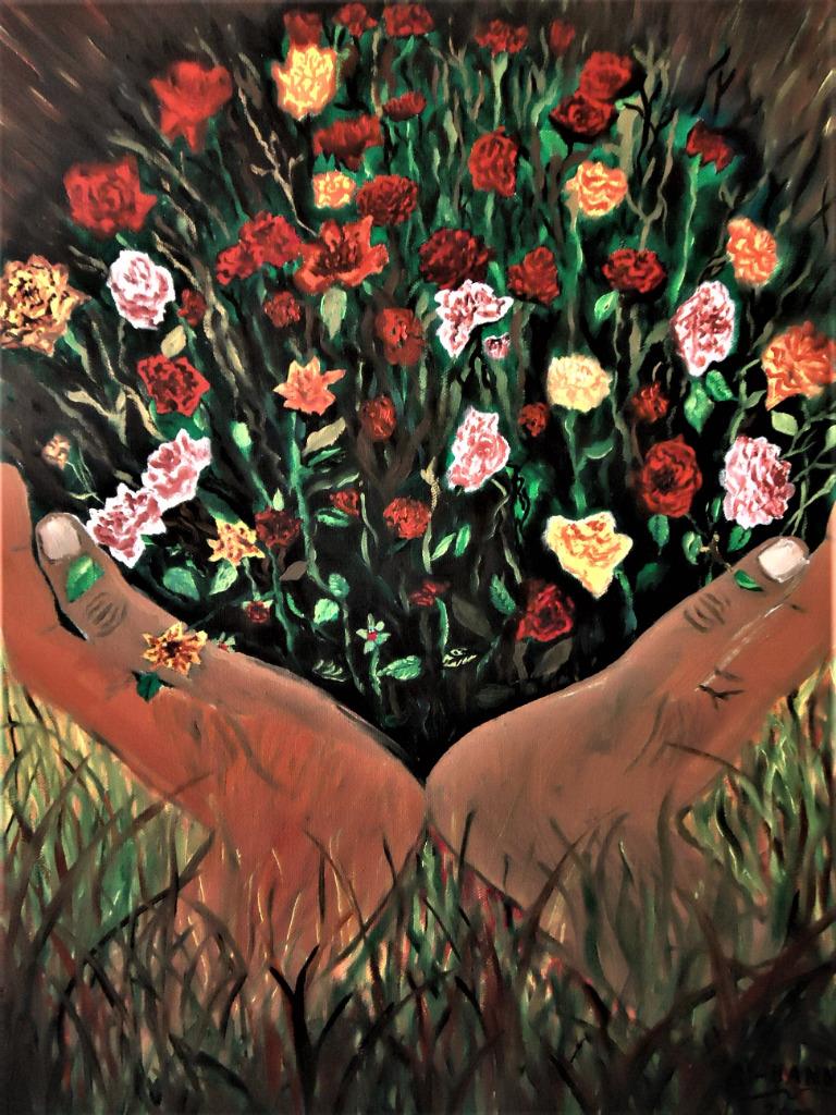 Bouquet de fleurs aux mains, peinture par joky kamo,❗, Antiquités & Art, Enlèvement