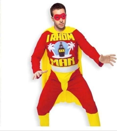 Humorkostuum: I Rhum Man: riem, cape, stripbril, Ophalen of Verzenden, Zo goed als nieuw